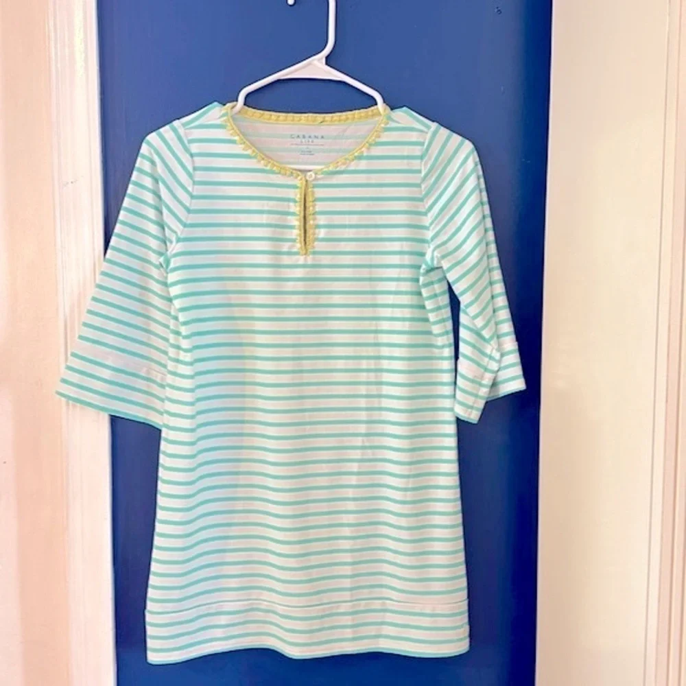 Kids Cabana Life Green & White Striped Nylon & Spandex Swim Cover Up Size 14